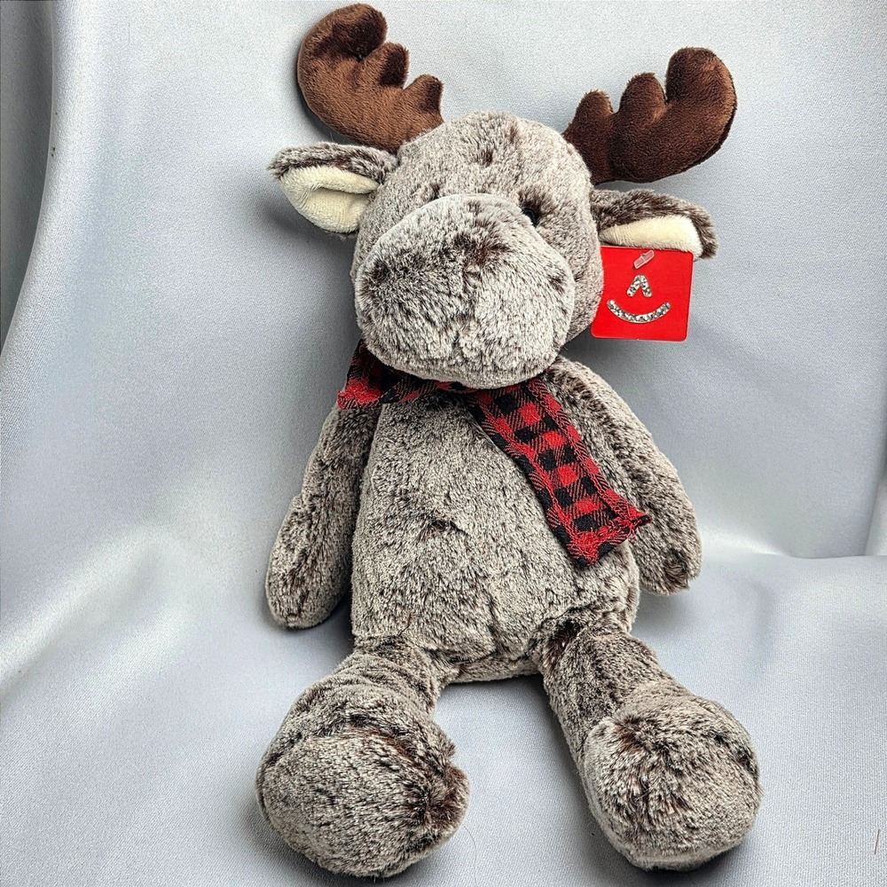Aurora World Reindeer Plush Mottled Brown Fur Red Buffalo Plaid Scarf 12in